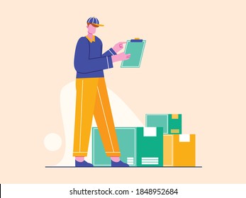 Courier with parcels vector illustration. Delivery service concept in flat style
