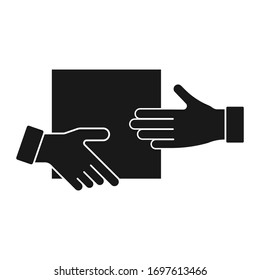El mensajero pasa la caja con el pedido al cliente. Icono de material del vector negro aislado en fondo blanco,