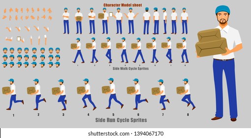 Courier Person Character Model sheet with Walk cycle and Run cycle Animation.character design. Front, side, back view animated character. character creation set with various views and face emotions.