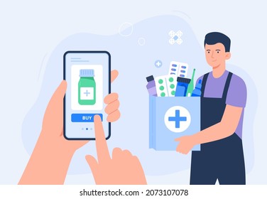 A courier from the pharmacy delivers the medicine to the customer. Online pharmacy, delivery drugs, prescription medicines order. Vector flat illustration.