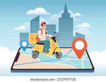 Kuriertelefonverfolgung. Lieferung Mobile App, liefern Mann auf Fahrrad Rucksack Box liefert Pizza Online-Track Smartphone klassische Fast Food E-Commerce-Shop Vektorgrafik
