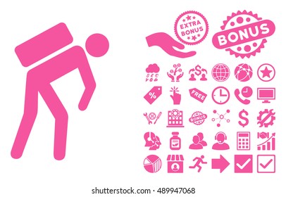 Courier pictograph with bonus design elements. Vector illustration style is flat iconic symbols, pink color, white background.