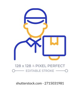 Kurier Pixel perfekt zwei Farben Linie Symbol. Lieferant mit Paket. Mitarbeiter des Bereitstellungsdienstes. Professionelles zweifarbiges Umrisssymbol. Lineares Piktogramm mit Duoton. Isolierte Abbildung. Bearbeitbarer Strich
