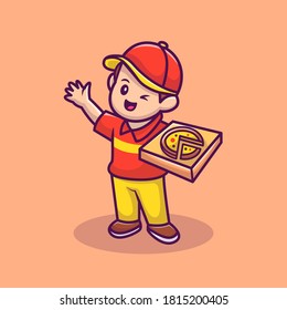 Courier With Pizza Box Cartoon Vector Icon Illustration. People Food Icon Concept Isolated Premium Vector. Flat Cartoon Style.