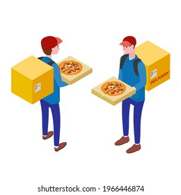 Courier with pizza box, front view, back view. Pizza Delivery Service Isometric concept. Fast 24 7 shipping, online food order template banner. Vector illustration 3d isolated