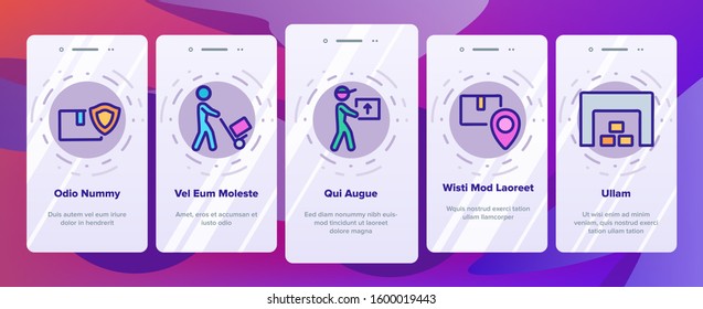 Courier Post Onboarding Mobile App Page Screen Vector. Human Silhouette With Cart And Box, Truck And Motorbike Courier Service Illustrations