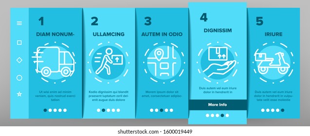 Courier Post Onboarding Mobile App Page Screen Vector. Human Silhouette With Cart And Box, Truck And Motorbike Courier Service Illustrations