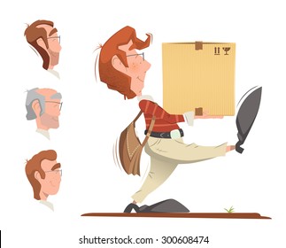 Courier postman holding and carrying carton cardboard box. Delivery service color vector illustration.