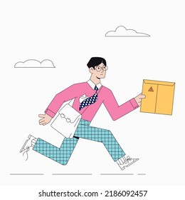 Courier, cartero apurado por entregar el paquete al cliente. El concepto de entrega de mercancías ordenadas, paquetes. Estilo plano. Ilustración vectorial de un mensajero, cartero con un paquete.