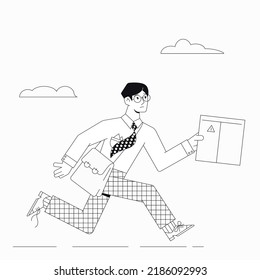 Courier, cartero apurado por entregar el paquete al cliente. El concepto de entrega de mercancías ordenadas, paquetes. Estilo plano. Ilustración vectorial de un mensajero, cartero con un paquete.