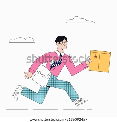 Courier, postman in a hurry to deliver the parcel to the client. The concept of delivery of ordered goods, parcels. Flat style. Stock vector illustration of a courier, postman with a parcel.