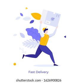 Courier, postman or mailman carrying box, package or parcel. Concept of fast delivery of goods or products, express shipment, postal service. Creative composition. Modern flat vector illustration.
