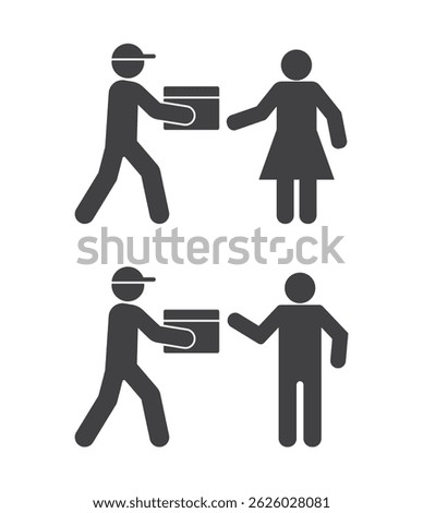 courier postman with package parcel delivery to man and woman icon