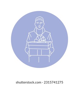 Courier with present black line icon. Delivery service. Pictogram for web page, mobile app, promo.