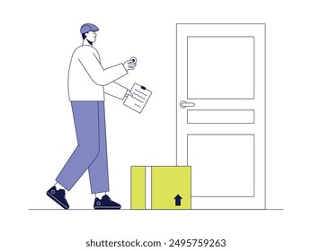 Courier presses doorbell ordering goods, delivery vector illustration.