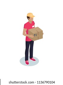 Courier profession representative isometric icon. Vector errand-boy workman from delivery service holding package or order box in hands isolated.