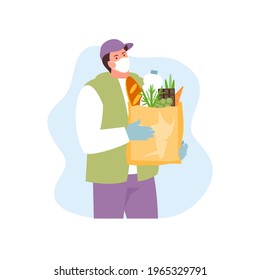 Courier in protective mask with products vector character. Food delivery vector illustration