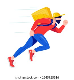 A courier in a protective mask runs, delivers goods and food. Fast and urgent delivery service. Delivery man with a large yellow bag, boxing in a yellow cap and red sweater. 