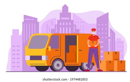 Courier in protective medical face mask and gloves holds box.Cartoon character delivery guy. Isolated vector flat illustration.City skyline delivery van.