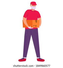 Courier in protective medical face mask.Delivery during the COVID-19 coronavirus pandemic.Cartoon character delivery guy. Isolated vector flat illustration.