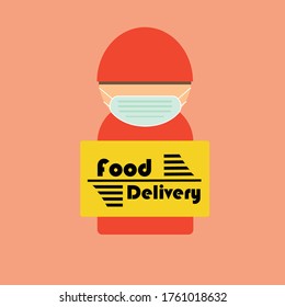 A courier in a protective medical mask holds parcels in his hands, Free food delivery. Stay home,Vector illustration with a courier. Guy in a protective mask. Prevention of covid-19.