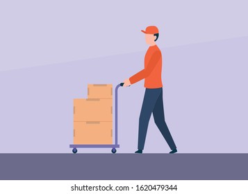 courier push cart or lorry with stack of goods cardboard on business delivery services