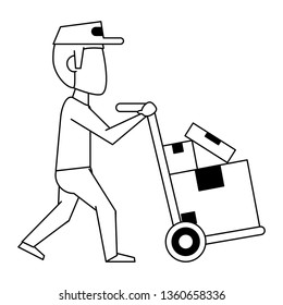 Courier pushing handtruck with boxes in black and white