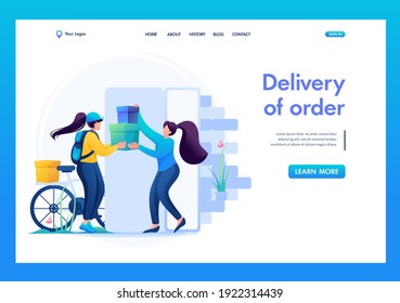 Courier Puts The Delivery In The Hands Of The Customer, The Woman Is Happy To Buy. Flat 2D Landing Page.