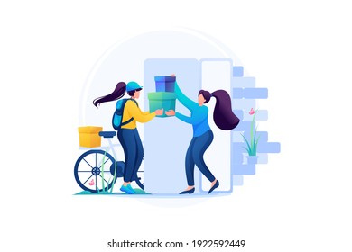 Courier Pone La Entrega En Manos Del Cliente, La Mujer Está Feliz De Comprar. Diseño web en 2D plano.
