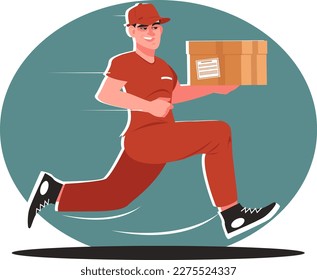 Courier liefert schnell Kartonschachtel an den Empfänger. Schnelle Lieferung der Sendung. Stock-Vektorgrafik