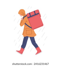 Courier in the rain, fast delivery, flat cartoon style vector illustration isolated on white background. Male character, young man in a raincoat with a hood with large backpack.