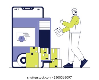 Courier ready to deliver goods ordered by buyers via online application, vector illustration.