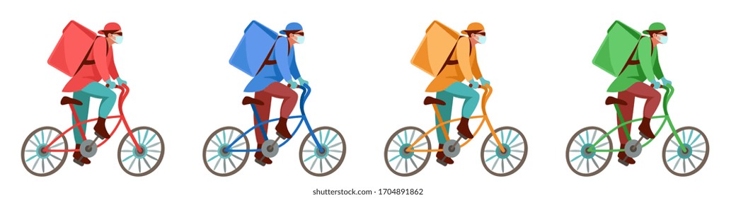 courier in red, blue, yellow, green uniforms, in a protective face mask and gloves on a bicycle quickly delivers an order