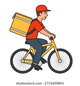 Un mensajero con una gorra roja con una Grande caja amarilla cuadrada en su espalda monta en bicicleta, vista lateral. Ilustración vectorial aislada en un fondo blanco