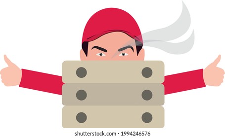 un mensajero con una gorra roja mira hacia afuera desde detrás de cajas de comida aromática con sus pulgares hacia arriba como gesto de aprobación