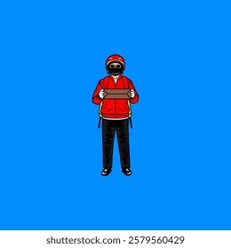 a courier in a red jacket stands holding a package vector illustration