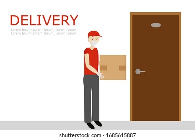 Courier in a red uniform and a medical mask. Food delivery, BOOKS, GOODS during quarantine to the door. Prevention of viral infections. Flat vector illustration.
