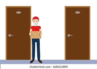 Courier in a red uniform and a medical mask. Food delivery, BOOKS, GOODS during quarantine to the door. Prevention of viral infections. Flat vector illustration.