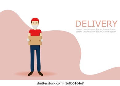 Courier in a red uniform and a medical mask. Food delivery, BOOKS, GOODS during quarantine. Prevention of viral infections. Flat vector illustration.