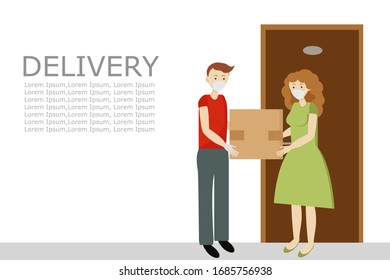 Courier in red uniform and medical mask, gloves. Passes the girl in front of the apartment. Food delivery, BOOKS, GOODS during quarantine. Prevention of viral infections. Flat vector illustration.