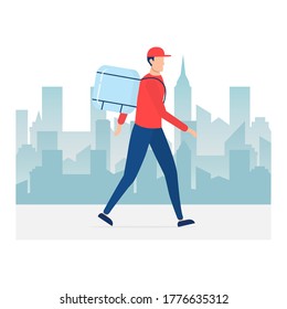 Courier in red uniform with parcel box going in city vector isolated on white. Fast and free town delivery. Ecological fast delivery.
