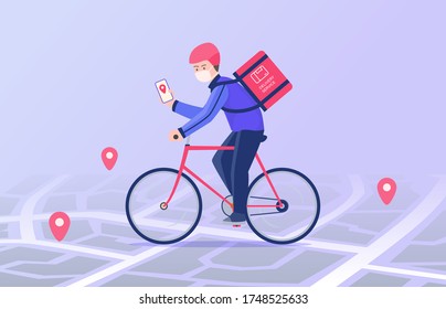 Courier ride bicycle and wearing mask delivery package carry to address destination following gps navigation