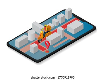 Courier ride a scooter on mobile phone. Fast delivery package. Isometric vector illustration