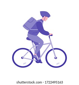 Courier fährt mit einem Fahrrad eine flache Vektorgrafik. Farbiges blaues Konzept einzeln auf weißem Hintergrund.