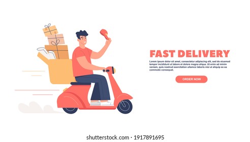 the courier rides his red scooter and delivers parcels 