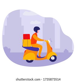 Courier rides a moped. Delivery service concept on city street. Flat vector color illustration. Isolated on white background.