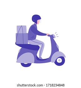 Courier rides a moped flat vector icon. Hand drawn - man on a motorcycle with boxes. Colorful monochrome illustration Isolated on white background.