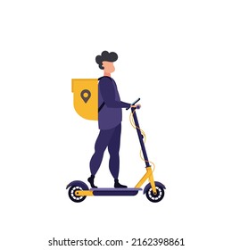 The courier rides on an electric scooter. Delivery concept. Isolated dynamic vector flat illustration.