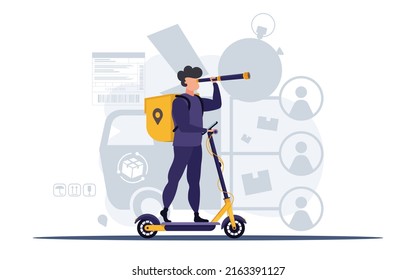 The courier rides on an electric scooter. Delivery concept. Dynamic vector flat illustration.