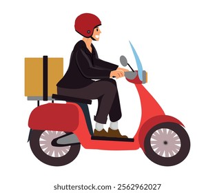 Courier rides on scooter. Express delivery motorcycle service. Vector illustration.e